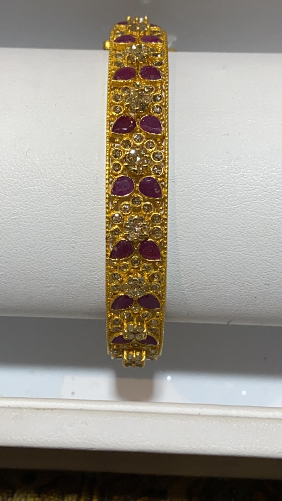 22ct Gold Bangles with Diamonds weight 14ct uncut Polki Diamond and Rubi Stones