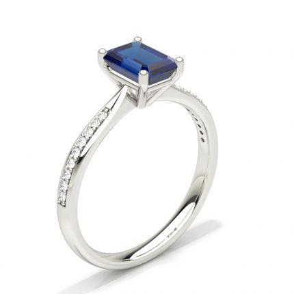 White Gold Emerald Side Stone Blue Sapphire Engagement Ring