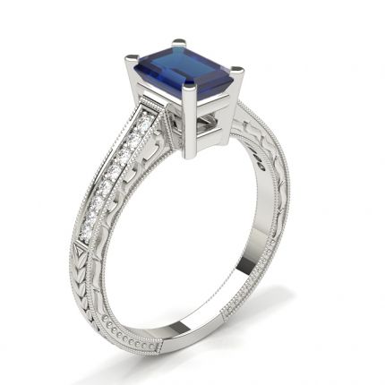 White Gold Emerald Vintage Blue Sapphire Engagement Ring