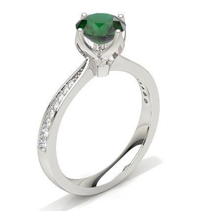 Side Stone Diamond Round Emerald Engagement Ring