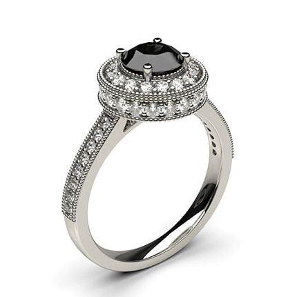 4 Prong Setting Side Stone Halo Black Diamond Ring