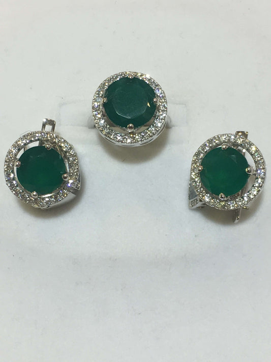 Italian Sterling Silver Earring and Ring with Emerald Stone